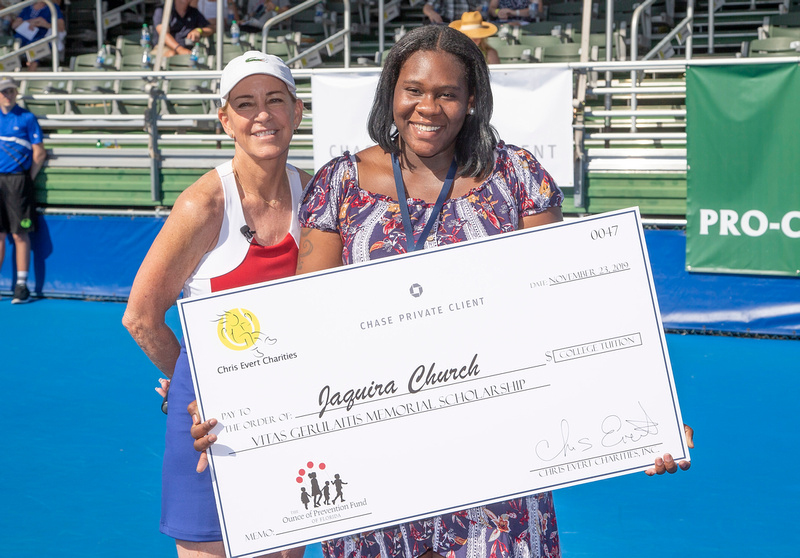 Tennis legend Chris Evert awards the Vitas Gerulaitis Memorial Scholarship to Jaquira Church of Orlando. 